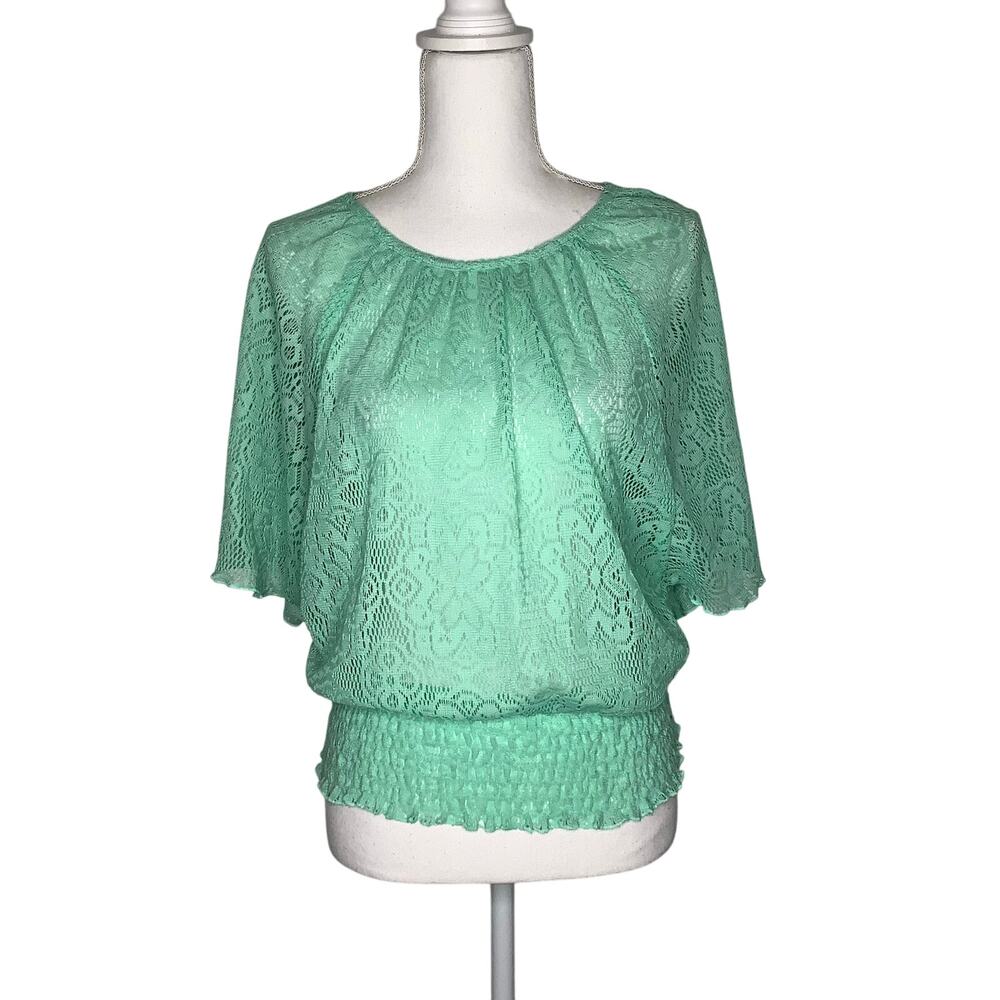 Knitworks Mint Green Sheer Lace Smocked Waist Flutter Sleeve Blouse Top Girls XL